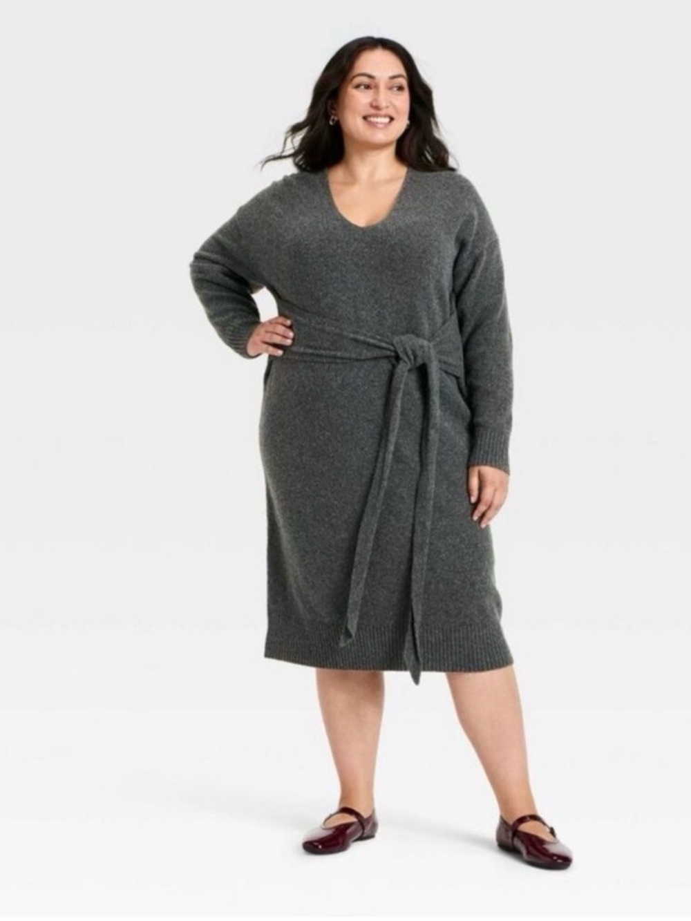 Ava & Viv Cozy Charcoal V-Neck Tie-Waist Knit Dress 2x